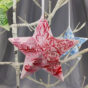 Hand-Painted Chinoiserie Blue Willow Patterned Tin Star Decorated Ornament One of a Kind