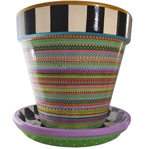 Maceta de salvia con borde de cuadros blancos y negros pintada a mano, diseño único y caprichoso, decoración interior para el hogar, 7,5 pulgadas, tamaño mediano