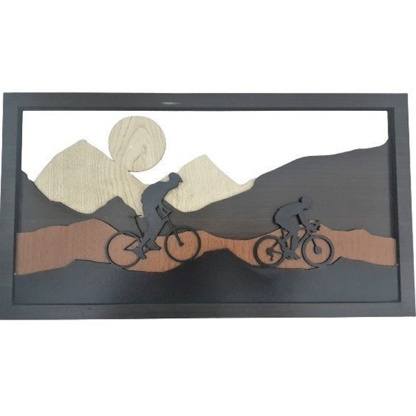 Bike Mountains and Hills-6 Layer Laser Cut Files-Forest and Sunset SVG-3D Layered-Glowforge DXF-Mountain Biker Digital-Bicycle Forest Nature