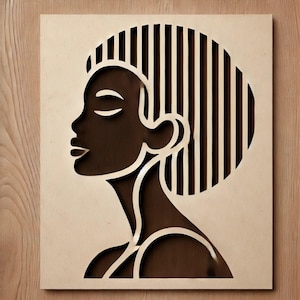 Arte murale donna africana - Design minimalista tagliato al laser - Silhouette in legno - File digitale CNC - Download digitale SVG DXF - File di arredamento per la casa moderna