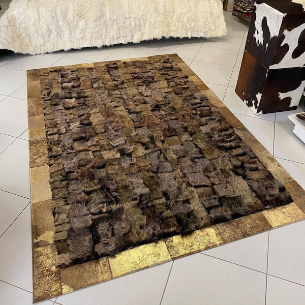 Brown And Gold Sheepskin Rug, Natural Sheep Skin Rug, Cowhide Rug, Area Rug, Handmade Rug, Custom Rug, Leather Carpet, Rugs for Living Room