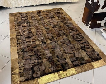 Alfombra de piel de oveja marrón y dorada hecha a mano, alfombra de cuero