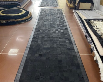Handcrafted Black Cowhide Leather Hallway Runner Rug, Rugs for Bedroom or Kitchen,  Farmhouse Decor, Housewarming Gift