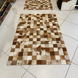 Handmade Cowhide Runner Rug, Brown and White Leather Carpet