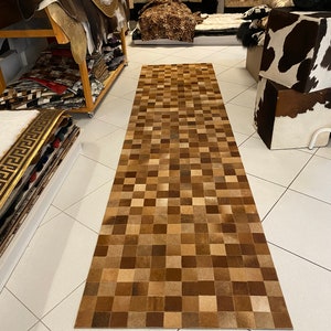 Handmade Cowhide Runner Rug, Tricolor Cowhide Carpet for Living Room, Hallway Area Rug, Home Decor, Premium Leather Rug, Christmas Gift