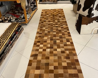 Handmade Cowhide Runner Rug, Tricolor Cowhide Carpet for Living Room, Hallway Area Rug, Home Decor, Premium Leather Rug, Christmas Gift