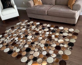 Handmade Cowhide Leather Rug, Circle Patchwork Design