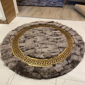 Handmade Sheepskin Rug, Fur Carpet, Greek Key Design, Leather Carpet