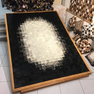 Handmade Cowhide Black and White Patchwork Rug for Living Room or Bedroom, Stylish Leather Rug for Kitchen, Ideal Valentines Day Gift