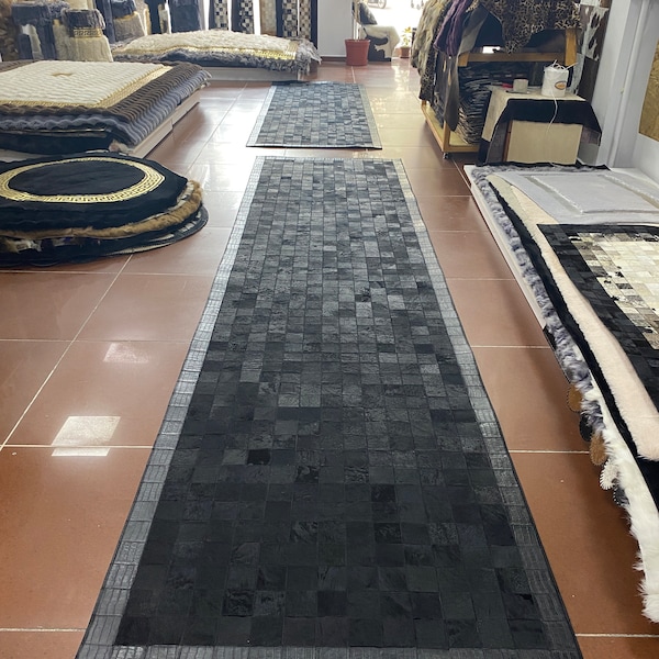 Schwarzer Teppich Läufer, Handgefertigter Patchwork Teppich, 100% Natürliches Rindsleder, Leder Teppich, Teppiche für Schlafzimmer