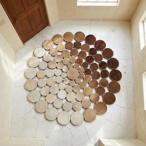 Peut inclure: Un tapis circulaire composé de nombreux éléments ronds et plats de différentes nuances de marron et de beige. L'agencement crée un effet de dégradé, passant des tons clairs aux tons foncés. Le tapis est posé sur une surface en béton blanc fissuré.