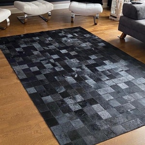 Cowhide Black Patchwork Rug, Sheepskin Rug, Area Rug, Handmade Rug, Custom Rug, Boho Rug,Leather Carpet, New Home Gift, Rugs for Living Room