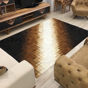 Handmade Cowhide Brown Patchwork Rug, Custom Rugs For Living Room, Modern Home Decor, Valentines Day Gift, Gift For Mom
