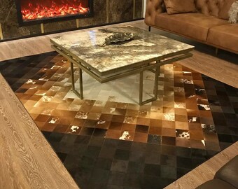 Handmade Tricolor Cowhide Patchwork Rug, Real Leather