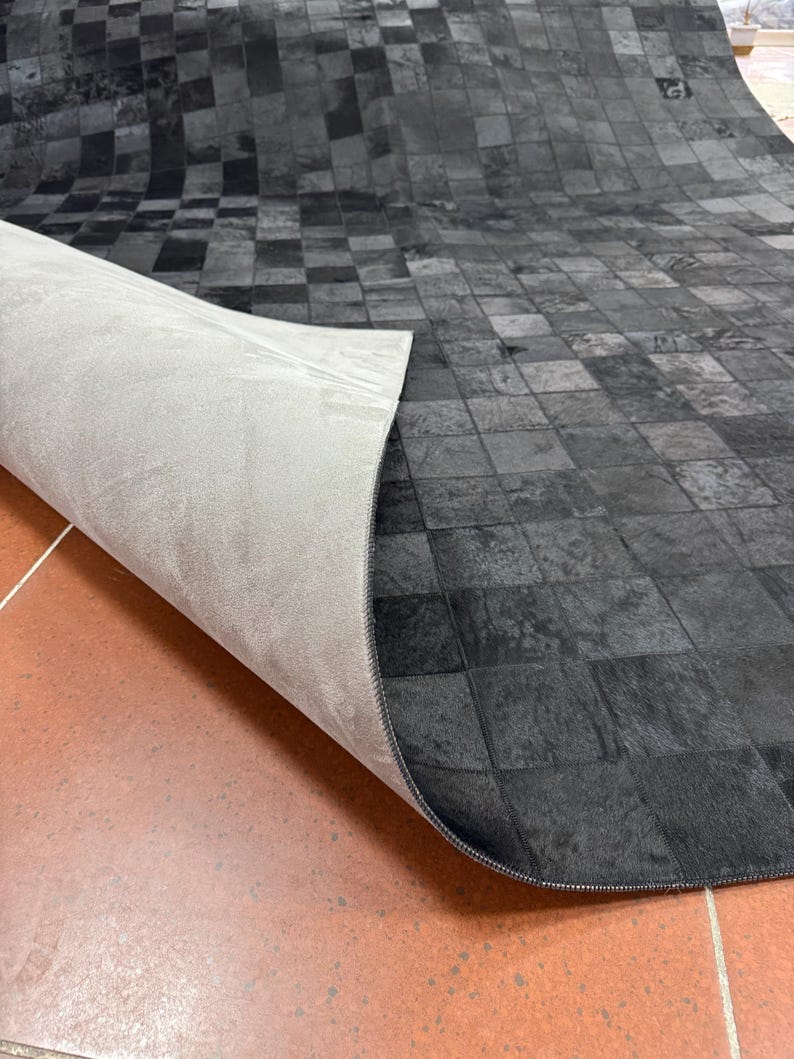 Handmade Cowhide Black Patchwork Rug, Leather Rug, Rug for Living Room and Farmhouse, Custom and Boho Rug, New Home Decor, Christmas Gift