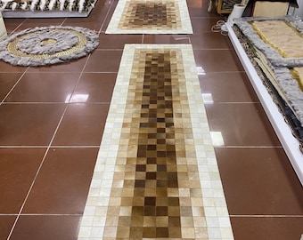Handmade Tricolor Cowhide Rug, Luxury Leather Hallway Carpet