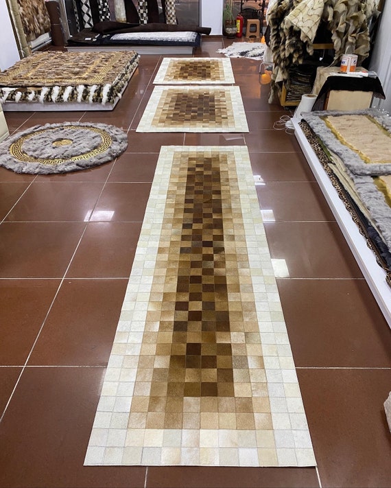 Handmade Tricolor Cowhide Rug, Luxury Leather Hallway Carpet