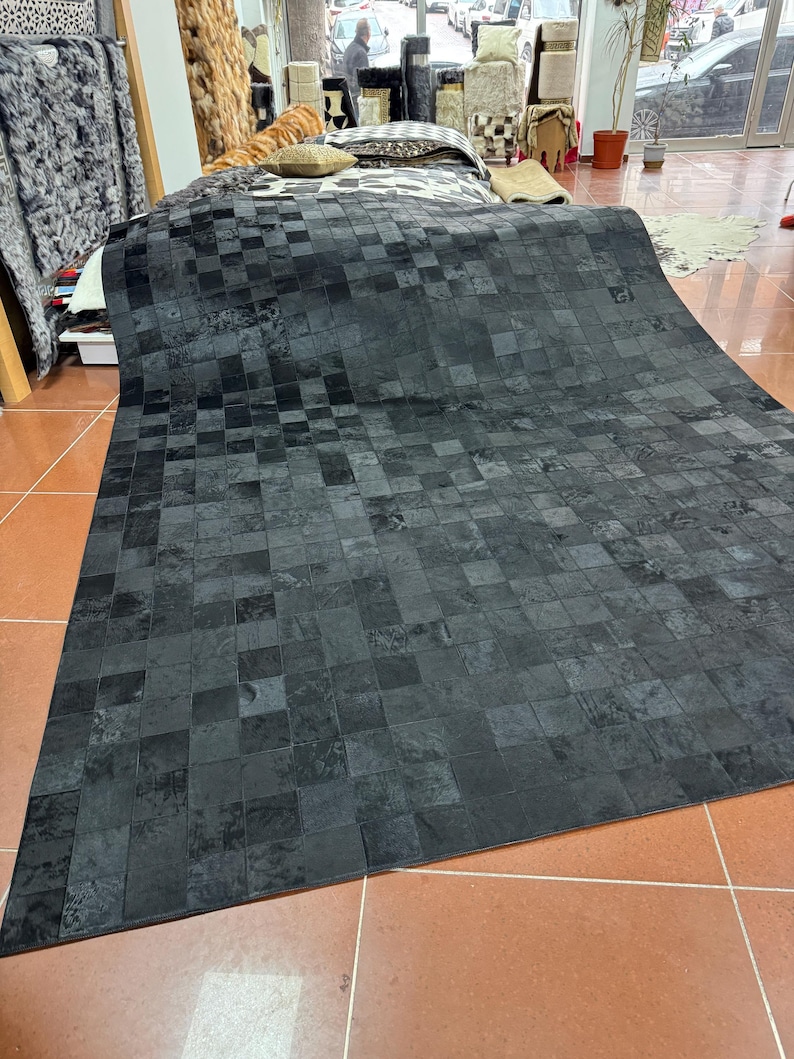 Handmade Cowhide Black Patchwork Rug, Leather Rug, Rug for Living Room and Farmhouse, Custom and Boho Rug, New Home Decor, Christmas Gift