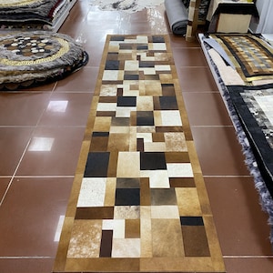 Handmade Natural Leather Cowhide Runner Rug, Colorful Runner Entrway Rug, Living Room or Area Home Decor, Christmas Gift