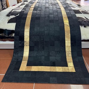 Handcrafted Black Cowhide Rug, Rug for Living Room or Entrway, Patchwork Leather Runner, Luxury Carpet, Christmas Gift