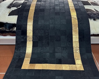 Handcrafted Black Cowhide Rug, Rug for Living Room or Entrway, Patchwork Leather Runner, Luxury Carpet, Christmas Gift