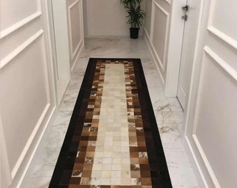 Handmade Tricolor Cowhide Rug Runner, Hallway Carpet