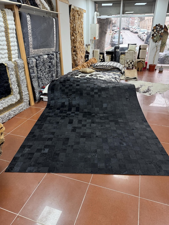 Handmade Cowhide Black Patchwork Rug, Leather Rug, Rug for Living Room and Farmhouse, Custom and Boho Rug, New Home Decor, Christmas Gift
