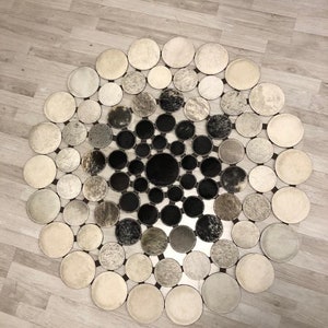 Handgemaakt rond koeienhuid patchwork vloerkleed, tapijt van natuurlijk leer