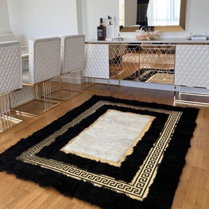 Sheepskin Rug, Large Luxurious Genuine Sheepskin Rug Long Fur, Handmade Rug For Living Room, Wool In Natural White Black,Super Soft Area Rug