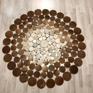 Handmade Leather Patchwork Rug, Rustic Cowhide Circle Design