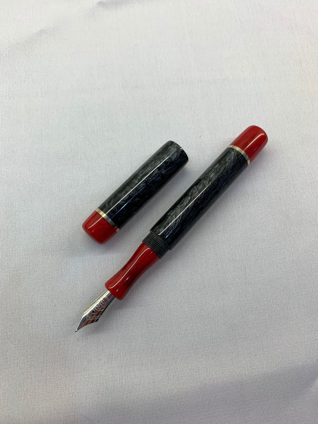 Handmade Smokey Black Fountain Pen With Red Finials and Nickel Silver