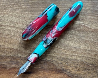 Pluma estilográfica turquesa y roja hecha a mano, pluma de tinta de lujo