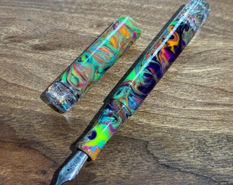Handmade Dank Blank Holographic Fountain pen with matching finials, luxury ink pen