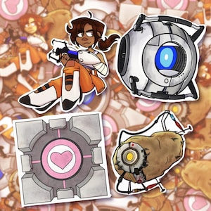May include: A selection of stickers featuring characters and elements from the video game Portal. The stickers include a character in an orange jumpsuit, a robotic sphere, a cube with a heart, and a potato-shaped robot. The background is filled with similar images.