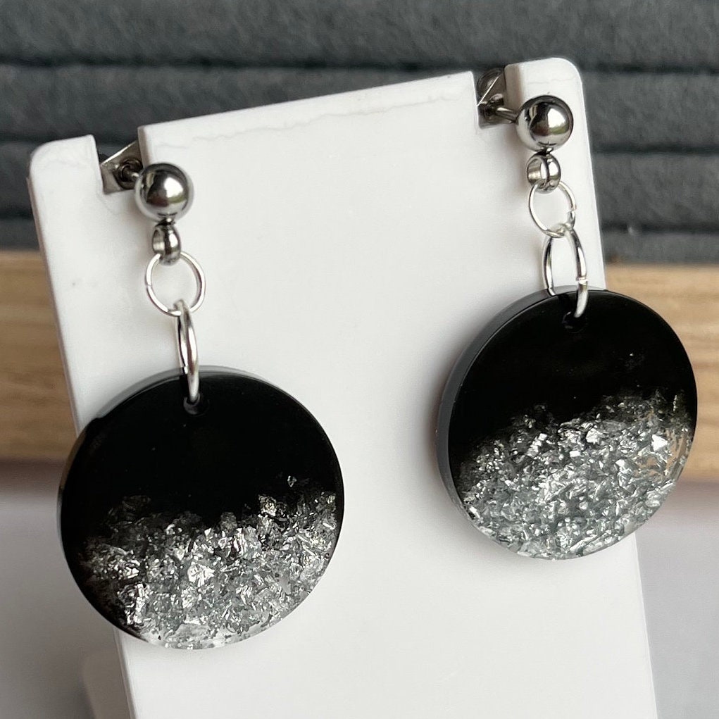 Black and Silver Glitter Resin Earrings UK