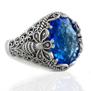Sterling Silver Filigree Bee Detailed Women Cocktail Ring, Blue Topaz, Gray Moonstone, Chalcedony Gemstone, Gift Boxed