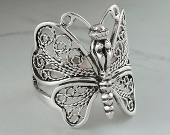 Sterling Silver Butterfly Filigree Women Cocktail Ring