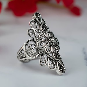 Sterling Silver Filigree Lace Women Ring, Flower Detailed Cocktail Ring