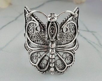 Sterling Silver Butterfly Filigree Women Cocktail Ring