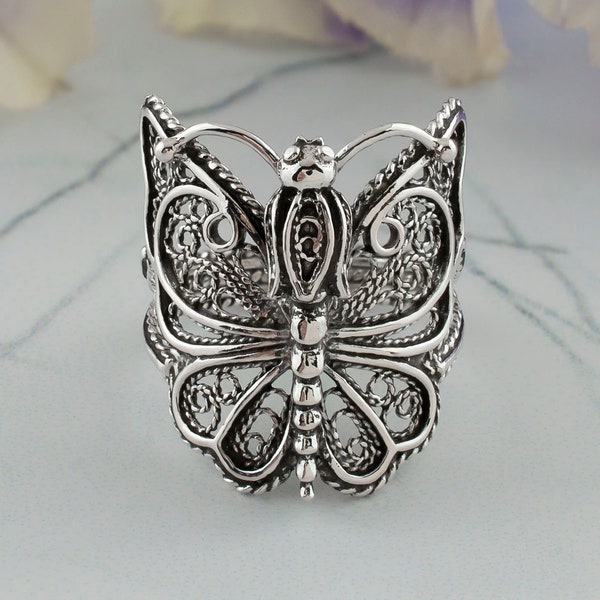 Bague de cocktail papillon en argent sterling pour femme en filigrane