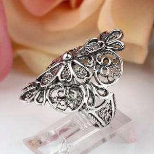 925 Sterling Silver Filigree Lace Women Cocktail Ring, Flower Detailed Statement Ring