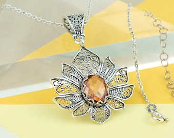 Sterling Silver Filigree Lotus Flower Orange Zircon Women Pendant Necklace, 20" Silver Chain Option
