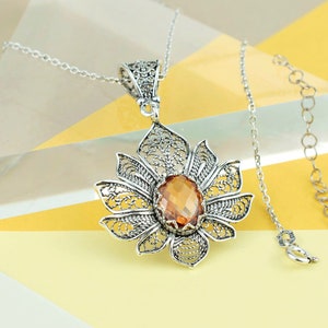 Sterling Silver Filigree Lotus Flower Orange Zircon Women Pendant Necklace, 20&quot; Silver Chain Option