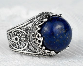 Lapis Lazuli Silver Ring, Green Agate 925 Sterling Silver Women Cocktail Ring, Artisan Made Handcrafted Filigree Art Statement Ring