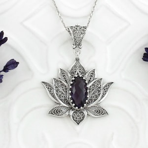 Sterling Silver Filigree Lotus Flower Amethyst Women Pendant Necklace, 20&quot; Silver Chain Option