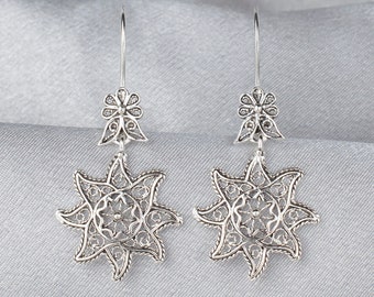 925 Sterling Silver Star Women Dangle Earrings, Solid Silver Handmade Filigree Art Celestial Dangle Drop Earrings