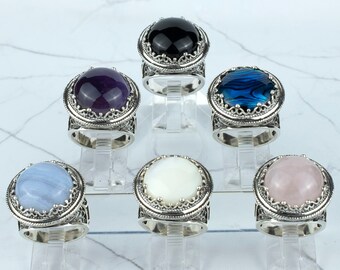 Bague audacieuse en dentelle en argent sterling filigrane pour femmes, onyx noir, agate en dentelle bleue, ormeau, améthyste, nacre, bague en pierre précieuse en quartz rose