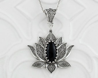 Sterling Silver Filigree Lotus Flower Black Onyx Women Pendant Necklace, 20" Silver Chain Option