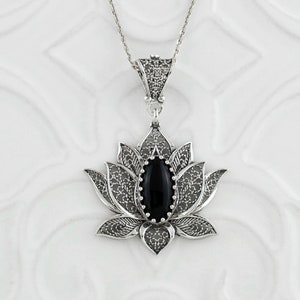 Sterling Silver Filigree Lotus Flower Black Onyx Women Pendant Necklace, 20" Silver Chain Option