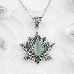 Sterling Silver Filigree Lotus Flower Aqua Chalcedony Women Pendant Necklace, 20" Silver Chain Option